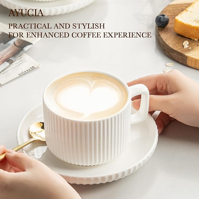 8 Ounce Cappuccino Cups Set of 4, Latte Mugs with Saucers and Spoons, White Cream Ceramic Coffee Mugs Tea Cups for Cappuccino Latte Mocha Au Lait Macchiato Cafe