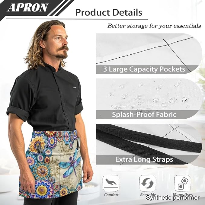 Waist Apron with 3 Pockets Waterproof 13 Inch Short Half Waist Aprons Women Men Server Aprons Waitress Waiter Apron - Image 6