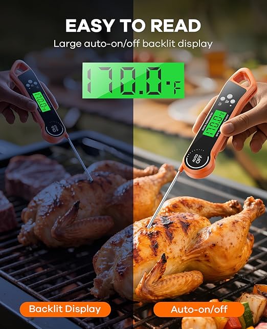 Meat Thermometer Digital, Instant Read Thermometer with Backlight, Calibration & Hold Function, Waterproof Food Thermometer for Kitchen and Outside, BBQ,Turkey, Candy, Liquids, Beef (Orange)