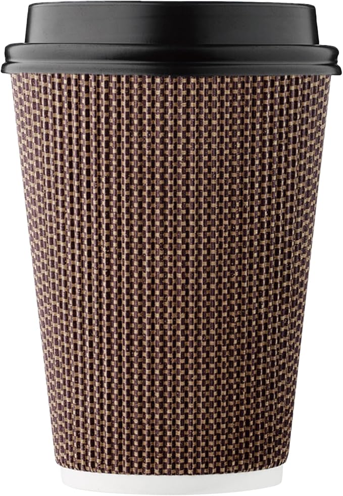 [100 SET]Harvest Pack 12 oz Disposable Coffee Cups, Insulated Ripple Double-Walled Paper Cup with Lids, Brown Geometric, Tea Hot Chocolate Drinks To go coffee cups
