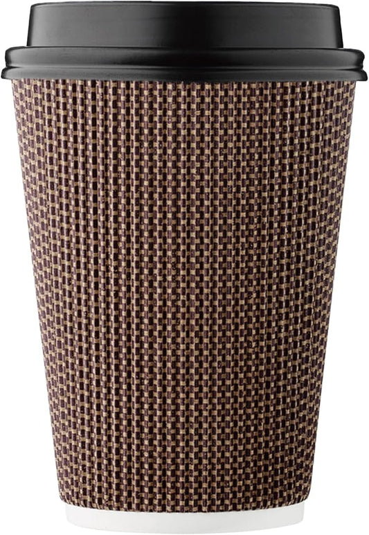 [100 SET]Harvest Pack 12 oz Disposable Coffee Cups, Insulated Ripple Double-Walled Paper Cup with Lids, Brown Geometric, Tea Hot Chocolate Drinks To go coffee cups