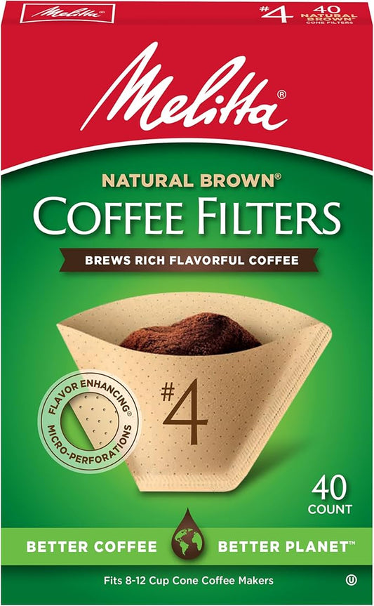 Melitta #4 Cone Coffee Filters, Unbleached Natural Brown, 40 Total Filters Count - Packaging May Vary