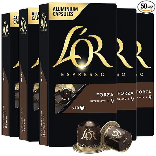 L'OR Espresso Capsules, 50 Count Forza, Single-Serve Aluminum Coffee Capsules Compatible with the L'OR BARISTA System & *Nespresso Original Machines