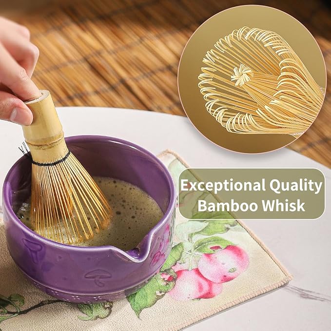 Matcha Set, 8-Piece Ceramic Matcha Bowl & Whisk Kit with Mushroom Pattern, Traditional Japanese Chawan, Bamboo Chasen, Scoop & Sifter, Gift for Tea Lovers, Zen Tea Ceremony Accessories (Purple;)