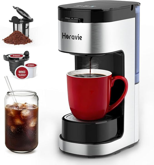 Single Serve Coffee Maker, Hot and Iced Coffee Maker for K Cup and Ground, 6 to 14 Oz Brew Sizes Single Cup Coffee Maker with Descaling Alert, Ideal for Home, Travel, RV and Dorm,Black