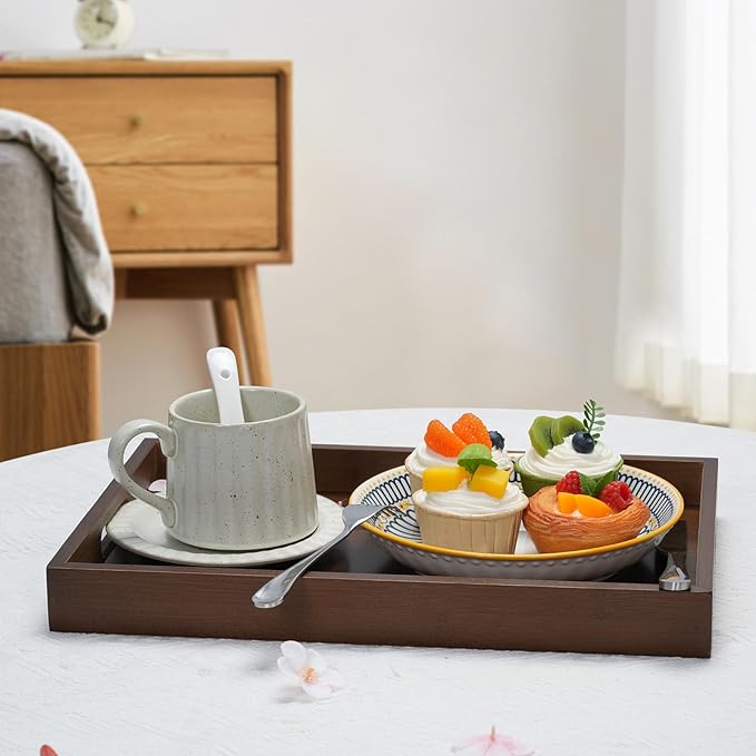 17.3‘’x11.8''x1.57''Large Bamboo Wooden Tray with Handles, Rectangular Natural Solid Wood, Walnut Brown Color Serving Tray.Suitable for Kitchen,Bedroom,Breakfast,Coffee,Decorative,Party Bars.