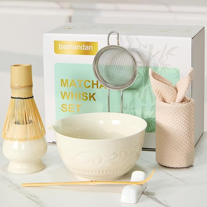 Matcha Whisk Set, Ceramic Matcha Set Kit, 7 Pcs Includes Bowl, Whisk and Holder, Bamboo Scoop, Scoop Rest, Strainer and Tea Towel （Freedom White）