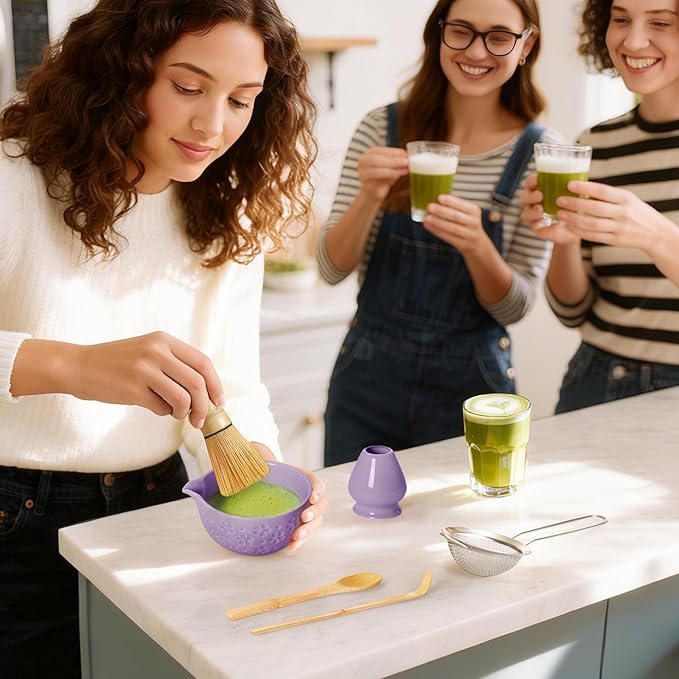 Matcha Whisk Tea Set Kit: Japanese Matcha Kit - Ceramic Bowl Bamboo Whisk Chasen Holder spoon Measuring Scoop Sifter - Traditional Practical for Tea Ceremony Breakfast Lattes - Home Kitchen Christmas