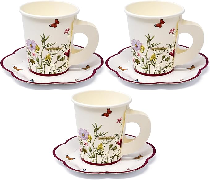 Gift Boutique 24 Tea Party Cups Disposable 5 Oz 24 Saucers Paper Plate Floral Wildflower Butterfly Teacup Set with Handles for Kids Girls Birthday