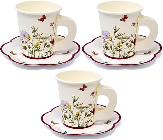 Gift Boutique 24 Tea Party Cups Disposable 5 Oz 24 Saucers Paper Plate Floral Wildflower Butterfly Teacup Set with Handles for Kids Girls Birthday