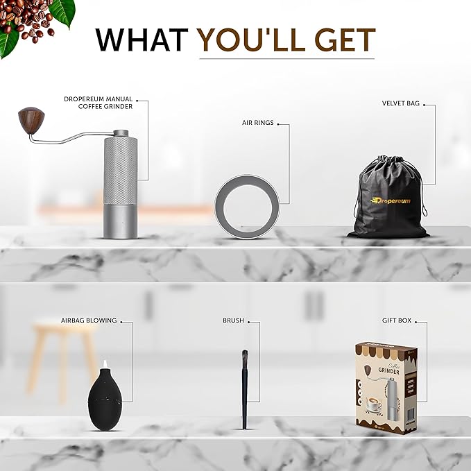 5 in 1 Manual Stainless Steel Coffee Grinder - Espresso Grinder, Manual Coffee Grinder, Coffee Grinder, Conical Coffee Burr Grinder with Double Bearing, Steel Body