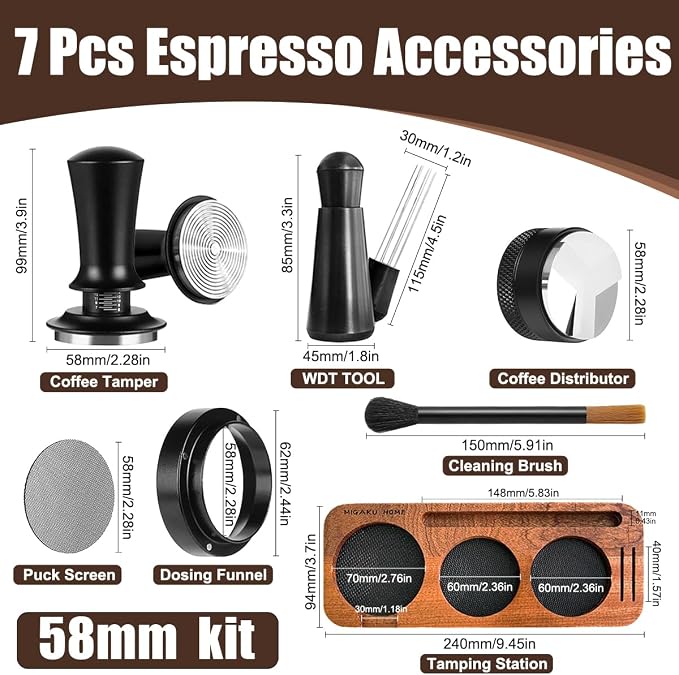 7 PCS Espresso Accessories Kit, Espresso Tamping Station, Coffee Tamper, Coffee Distributor, WDT Tool, Puck Screen, Dosing Funnel, Cleaning Brush, Barista Tools Set (58mm) - Image 4