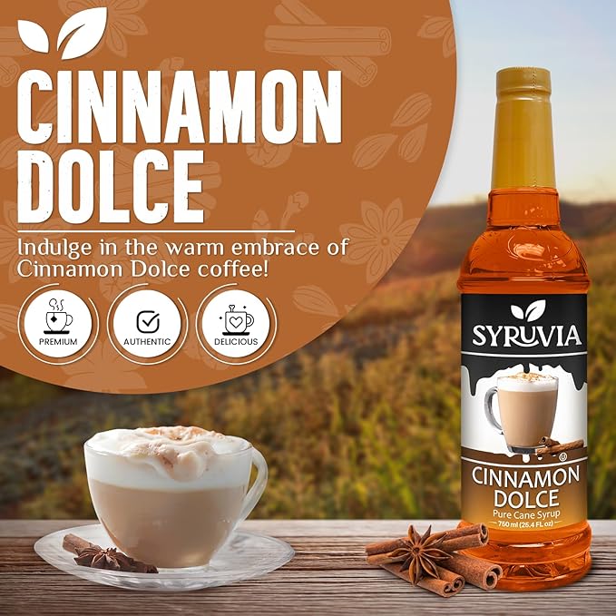 Syruvia Coffee Syrup, Cinnamon Dolce Flavored Syrup for Drinks, Lattes, and Desserts – 25.4 fl oz