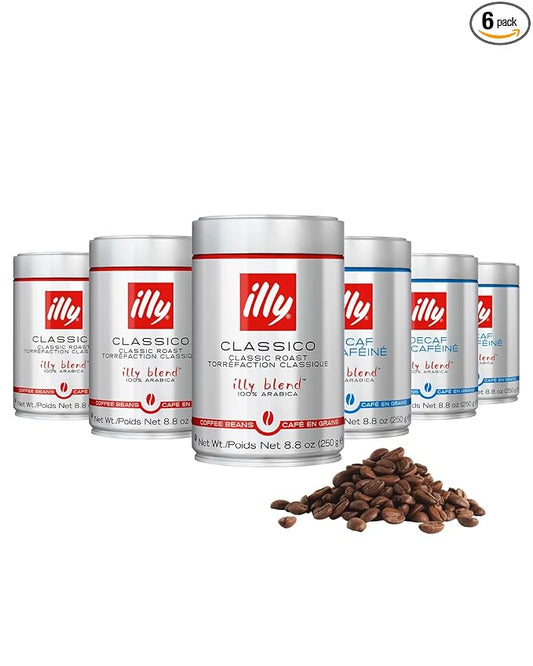 illy Whole Bean Coffee, Classico Medium & Decaffeinated Roasts, 100% Arabica, Premium Italian Coffee, Ideal for Espresso, Drip, Moka and French Press Brewing, 8.8oz, 6 Variety Pack