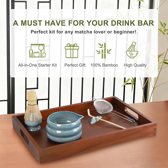 Blue Matcha Whisk Set, Ceramic Matcha Kit Set Valentine Gift Present Includes Matcha Bowl, Matcha Whisk and Holder, Bamboo Scoop, Scoop Rest, Sifter and Tea Towel - 7 Pcs Matcha Kit for Matcha Lovers