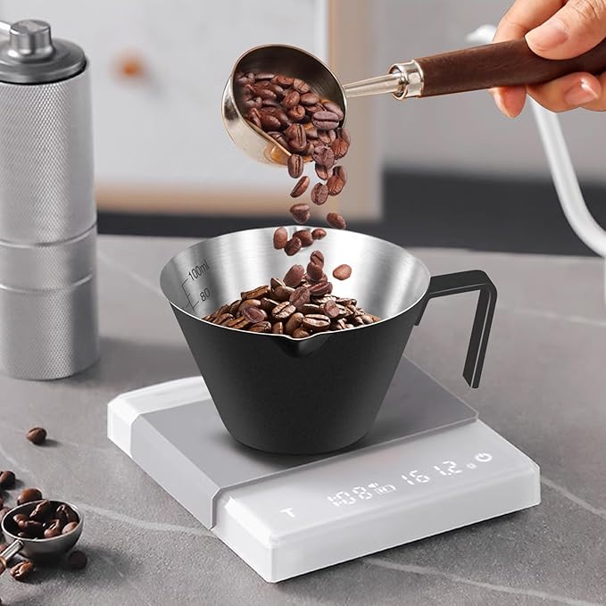 4 Pcs Stainless Steel Espresso Cups with Handle, Double Spout Metal Measuring Cup with Dual Scale, Espresso Shot Cup with V-Shaped Mouth, 3.4oz/100ml (Black)