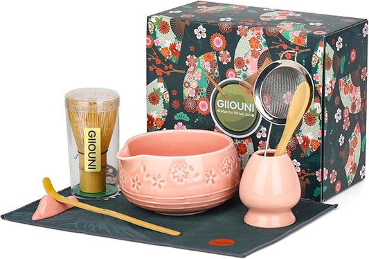 Matcha Whisk Set, Ceramic Bowl with Spout, Bamboo Matcha Whisk & Spoon, Chasen Holder, Scoop Rest, Sifter, 8-Pcs Japanese Ceremony Matcha Powder Kit–Valentine's Day Gift for Women-Pink