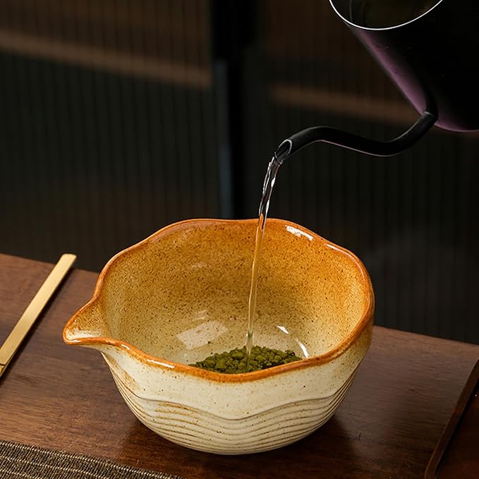 Matcha Bowl Set with Bamboo Whisk, Sifter & Scoop - Complete Ceramic Japanese Tea Ceremony Kit for Traditional Matcha Preparation (cream and tan gradient with textured finish)