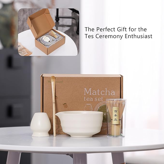 Matcha Tea Set – Traditional Japanese Ceremony Kit with 18.5OZ Ceramic Bowl, Bamboo Whisk, Scoop, and Holder – Ideal for Authentic Matcha Preparation and Gifting (Cream White)