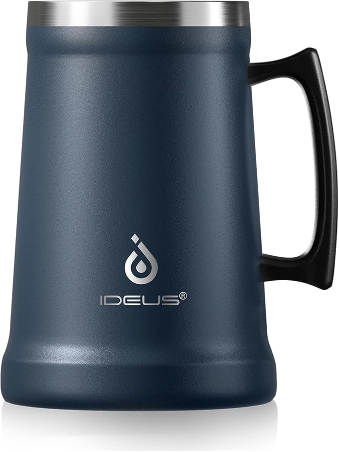 Ideus Insulated Beer Stein, 24/32oz Stainless Steel Double Walled Beer Mug Giant Bar Drinkware Metal Beer Cup with Big Grip Handle (Navy Blue, 34 ounces (1,000ml))