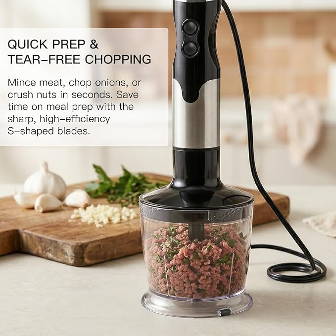 MEGAWISE HB-2062B 5-in-1 Hand Immersion Blender Set, 800W Powerful Stick Blender with Turbo Mode, Variable Speed Control, Stainless Steel Blade, Includes Whisk, Milk Frother, Chopper Bowl & Beaker