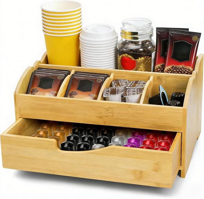 Covzoe Coffee Station Organizer for Countertop, Bamboo Coffee Pods Holder Bar Organizer with Drawer, Rustic Tea Condiment Storage Caddy for Bar Decor Kitchen Home Office by Covzoe