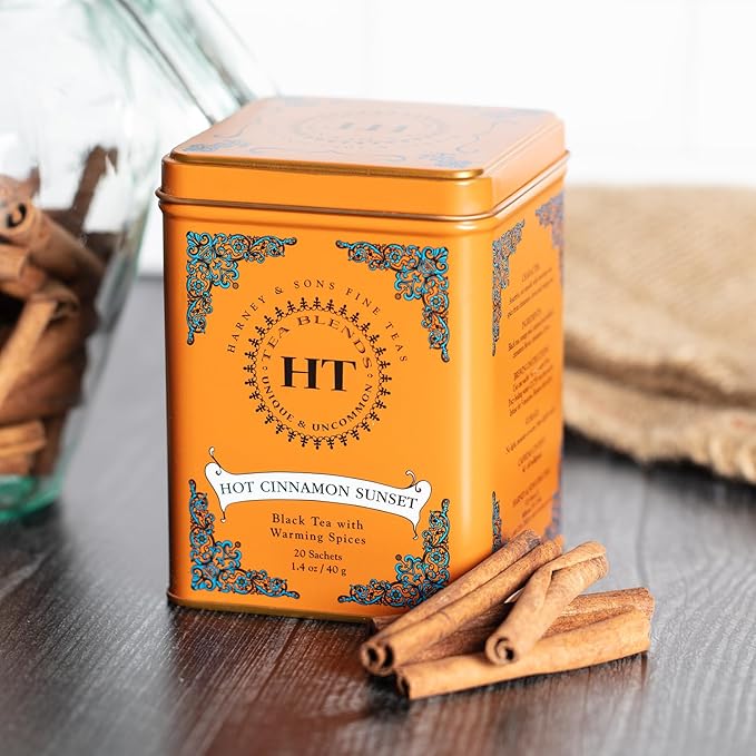 Harney & Sons Caffeinated Hot Cinnamon Sunset Black Tea with Orange and Cloves Tin 20 Sachets (Pack of 1)