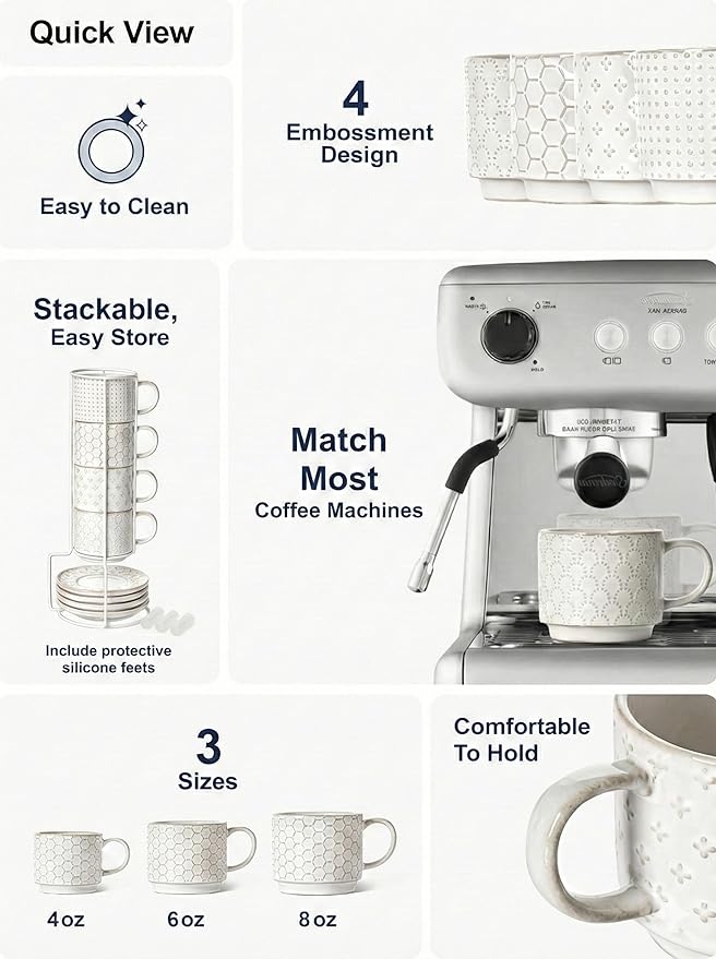 LE TAUCI Stackable Cappuccino Cups with Saucers and Stand, 8 oz Large Ceramic Coffee Cup Set for Café Au Lait, Latte, Tea Cup and Saucer Set of 4, Microwave & Oven Safe, Embossed, White