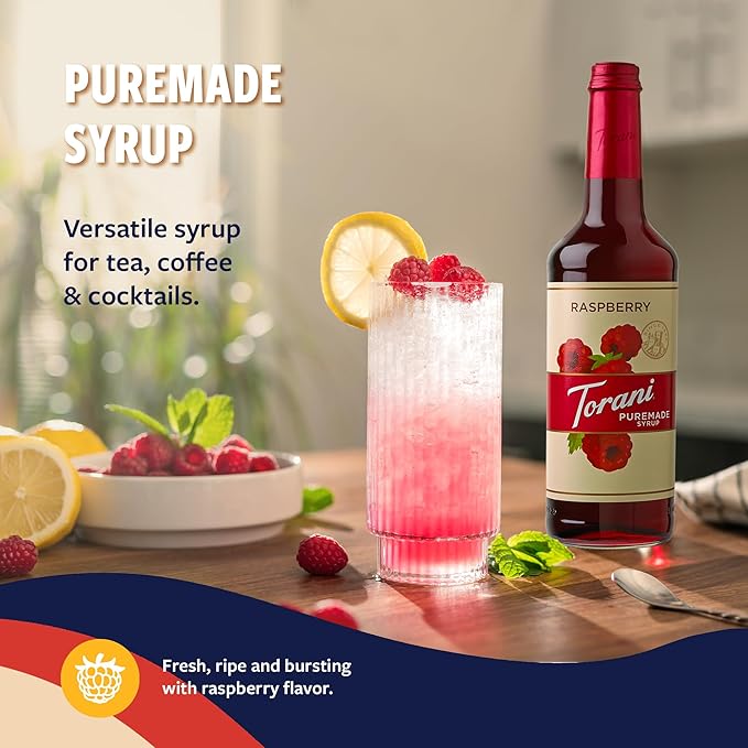 Torani Puremade Syrup, Raspberry Flavoring for Drinks, Glass Bottle with Pump Included, 25.4 Fl Oz