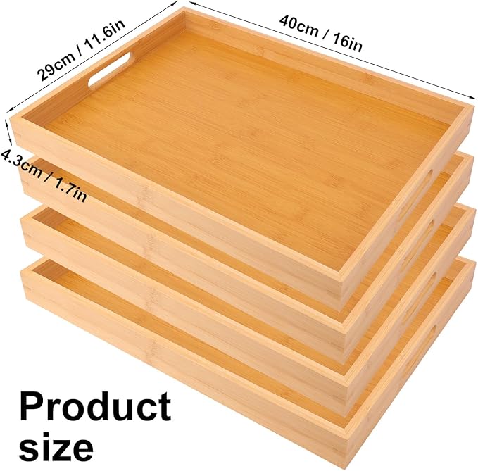 4 Pack Large Bamboo Serving Tray with Handles - 16 x 11.6 Inch Wooden Dinner Tray, Home Kitchen Decorative Tray, Breakfast Trays for Eating on Couch, Lap Trays, Coffee, Kitchen, Picnic