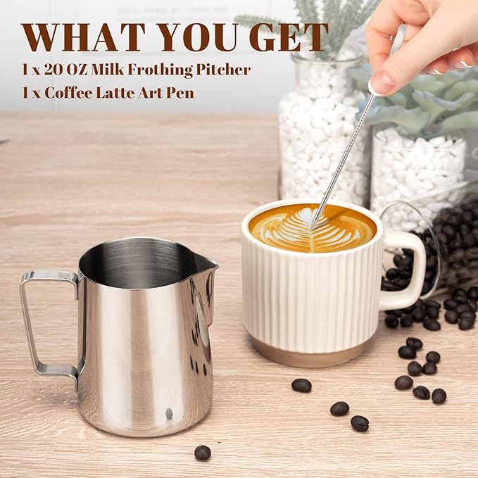 Milk Frothing Pitcher, 20oz Milk Frother Cup with Clear Scale, 304 Stainless Steel Cappuccino Espresso Machine Accessories for Barista Coffee Bar with Latte Art Pen, Silver