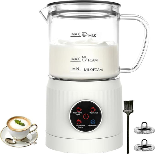 4-in-1 Milk Frother, Electric Milk Frother and Steamer with LED Touch Screen, Ceramic Lining Bottom, Milk Warmer 13.52oz for Lattes, Cappuccinos, and Macchiatos at Home, White