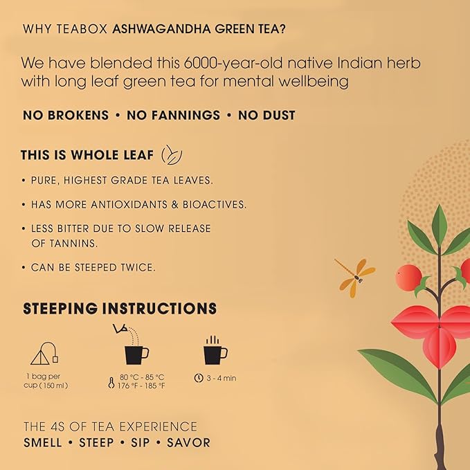 Teabox Ashwagandha Green Tea 25 Teabags | Ayurvedic Blend of Premium Green Tea and Natural Ashwagandha | Silken Pyramid Teabags
