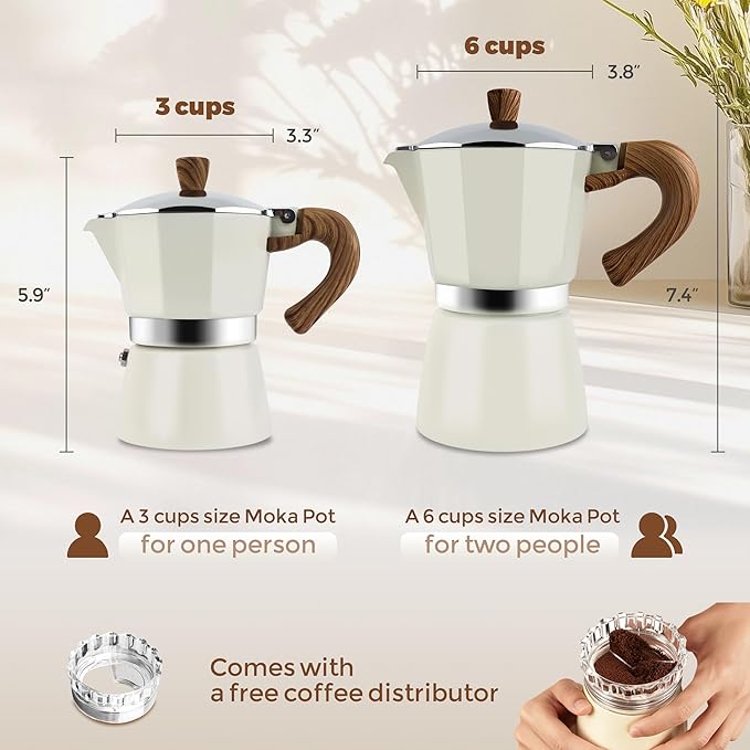 ShanSon Moka Pot Stovetop Espresso Maker 3 Cup 5 oz Italian Coffee Maker Manual Cuban Coffee Percolator Machine Italian Espresso Greca Coffee Maker for Cappuccino or Latte,White