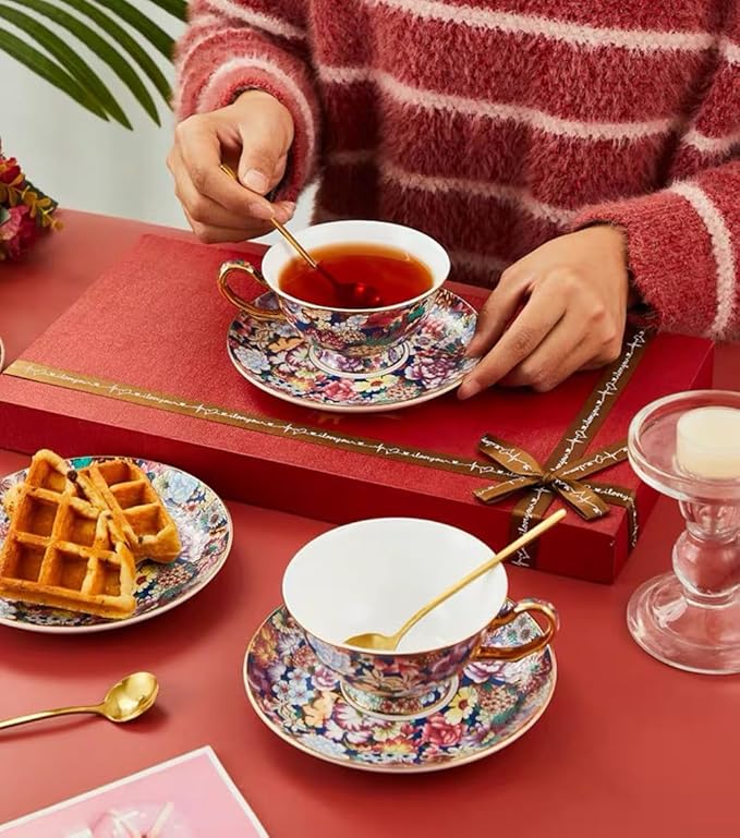 Cup& Saucer Set Bone China Tea Coffee Cup for Breakfast Afternoon Tea- Embossed Floral Pattern (Multicolor)
