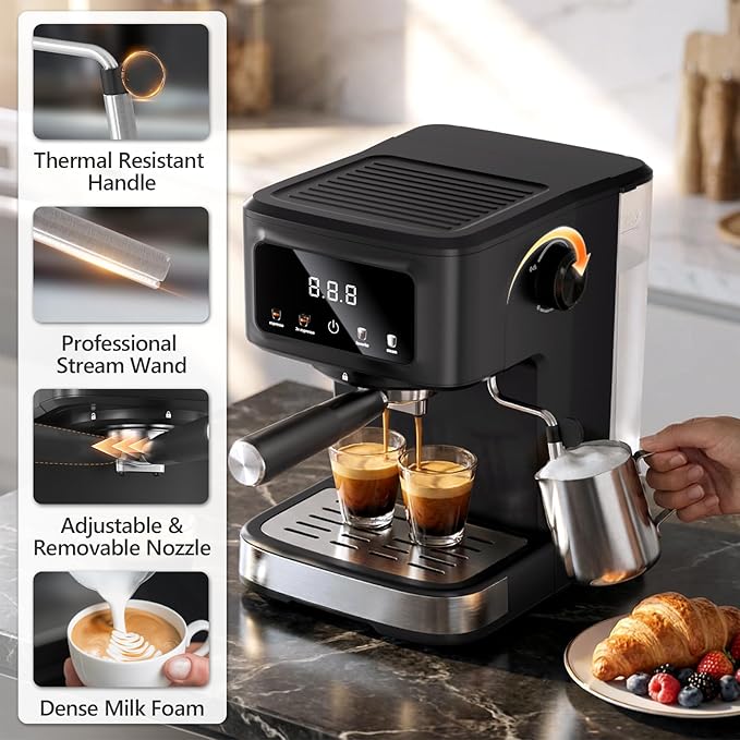 Espresso Machine with Milk Frother, Compact Coffee Maker for Home, Cappuccino & Latte, 15 Bar Pump, Dual Stainless Steel Filters, LED Touch Screen, Removable Water Tank & Drip Tray