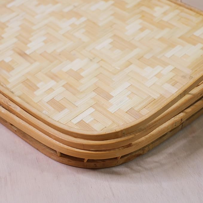 Rectangular Bamboo Wicker Serving Trays with Handles, Handwoven Coffee Trays for Coffee, Breakfast, Bread, Food, Dish and Decorative Tray for Dining Table (1)