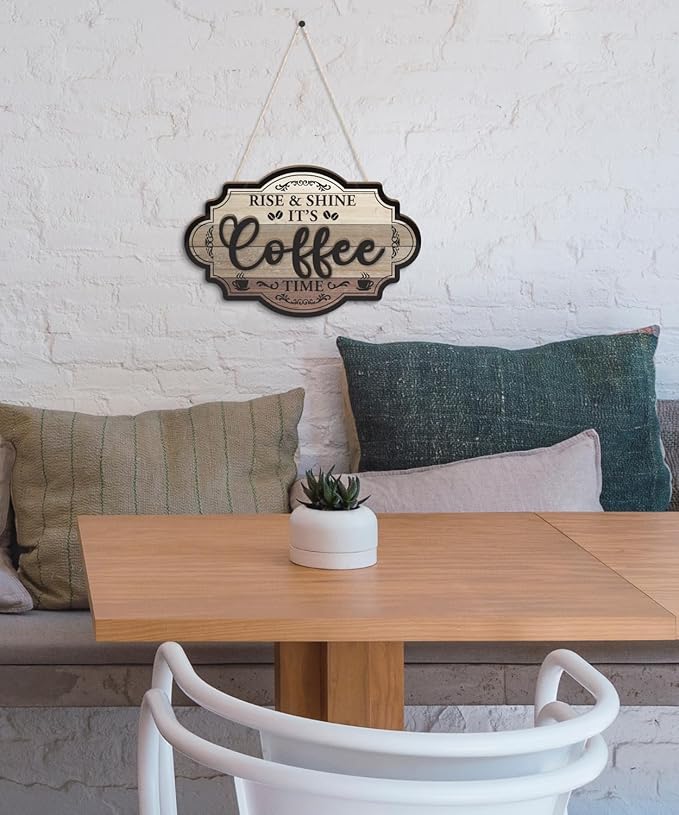 Putuo Decor Farmhouse Coffee Bar Sign, Rise & Shine Its Coffee Time Wall Hanging Sign, Vintage Double Layer Plaque Wall Decor for Home Kitchen Station Rustic Bar Accessories