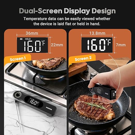 INKBIRD Dual Screen Display 0.5 Sec Rechargeable Instant Read Meat Thermometer for Cooking and BBQ, Professional 1.8mm Ultra-Fine Probe IP65 Waterproof Kitchen Thermometer with Magnets, Gill Smoker