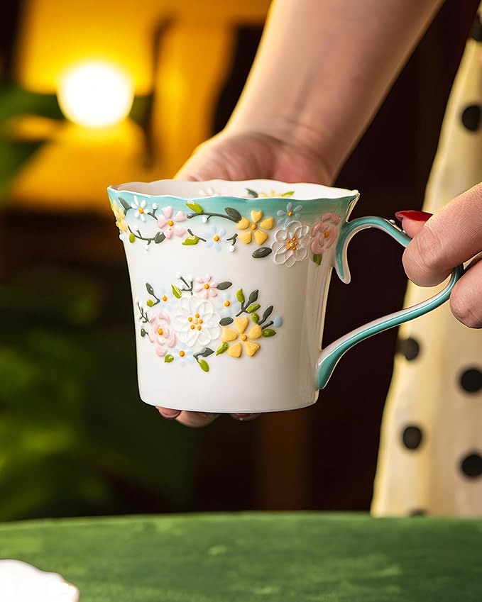 12oz Embossed Floral Ceramic Coffee Mug – Handcrafted Cottagecore Cup with Blue-Green Heart Handle and Wavy Rim, Dishwasher & Microwave Safe, Romantic Gift Mug for Her