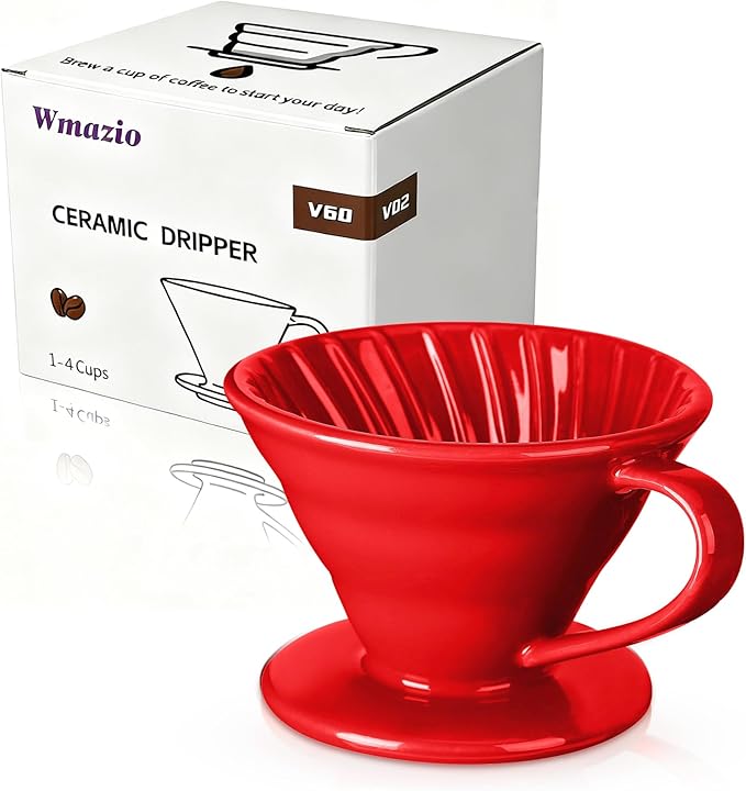 Pour Over Coffee Dripper - Ceramic Pour Over Coffee Maker Cone, Porcelain Coffee Drip, Pour Over Single Cup, Manual Brew Maker for Home, Cafe, Office - 1-4Cup, V60 Size 02 (Red)
