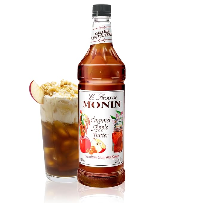 Monin - Caramel Apple Butter Syrup, Buttery Caramel and Cooked Apple Flavor, Natural Flavors, Great for Hot Lattes, Ciders, and Seasonal Cocktails, Non-GMO, Gluten-Free (1 Liter)