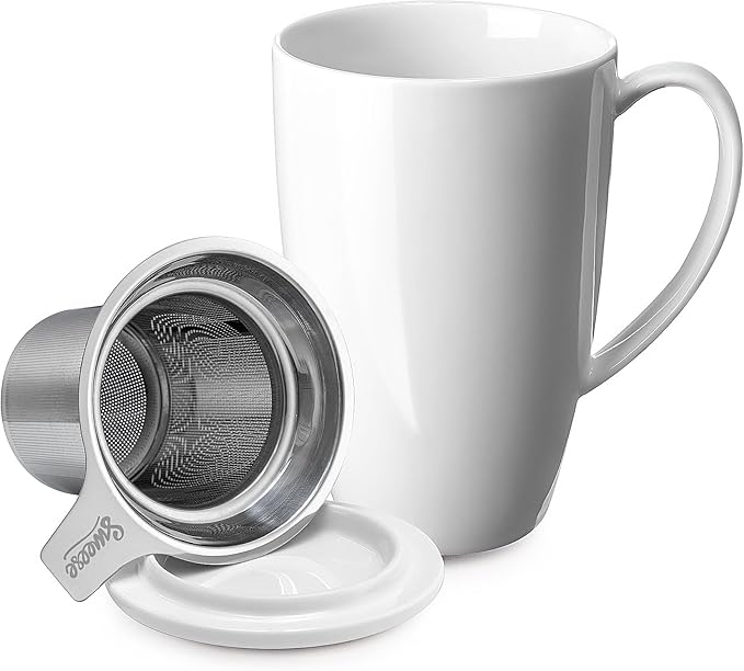 Sweese 15oz Porcelain Tea Mug with Infuser and Lid – Microwave Safe, Ergonomic Handle, Lead-Free Glaze, for Loose Leaf Tea White;