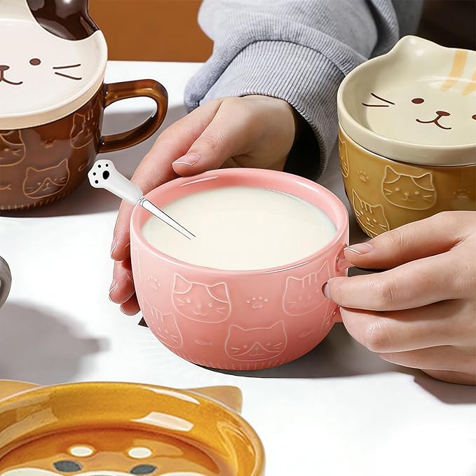 2PCS Cute Mug Kawaii Cat Tea Cup Ceramic Coffee Mug with Lid,Tea Cups and Saucers for Dessert tea mug cute gifts Cat lover Gifts For Women Anime gift for Women Christmas Gifts 10oz (Pink+Brown)