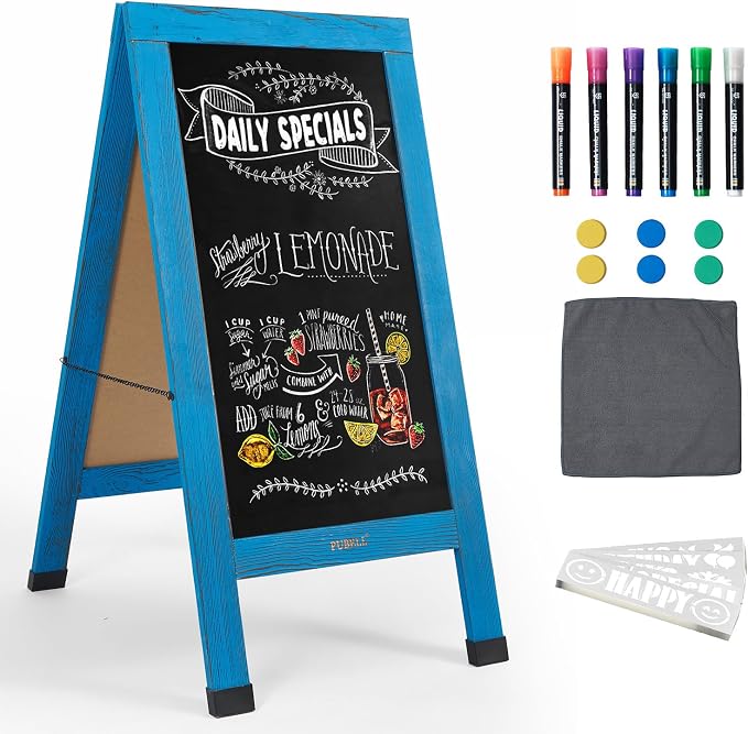 Large Sandwich A-Frame Chalkboard Sign - 40 x 20 Inches Blue Magnetic Wooden Chalk Board for Sidewalk, Stand up Double-Sided Outdoor Easel Display for Restaurant Cafe Shop Wedding Party or Business by Pubell