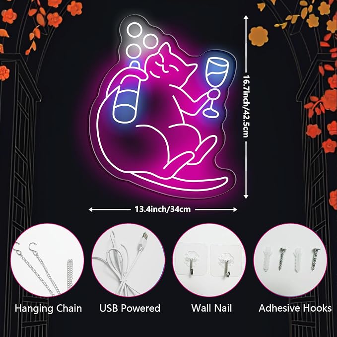 Cat Beer Neon Sign for Wall Decor Funny Bar Neon Sign for Home Bar Game Room Man Cave Decor Cat Light Neon Beer Led Sign Pink Neon Light Up Signs for Bedroom Home Party(16.7in*13.4in) - Image 4