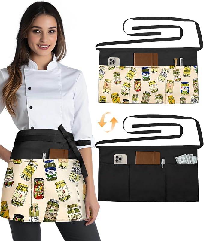 Slohif Reversible Server Apron 6 Pockets - Waist Apron for Waitress Women Half Serving Short Apron for Waiter by Slohif