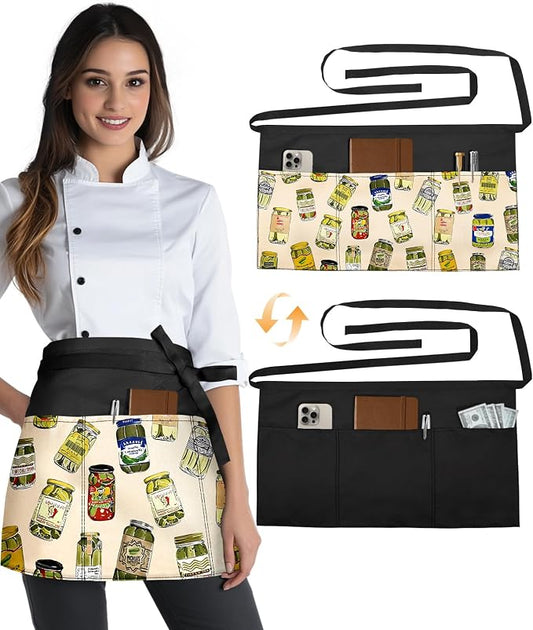 Slohif Reversible Server Apron 6 Pockets - Waist Apron for Waitress Women Half Serving Short Apron for Waiter by Slohif
