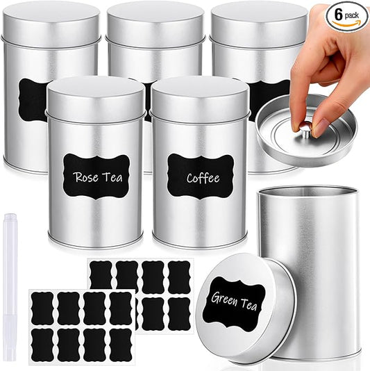 Tanlade 6 Pcs Tea Tin Canister with Airtight Lid,14 oz Tea Storage Tins with 1 Erasable Chalk Marker and 16 Stickers for Loose Leaf Coffee Sugar Metal Round Containers Can Double Sealed