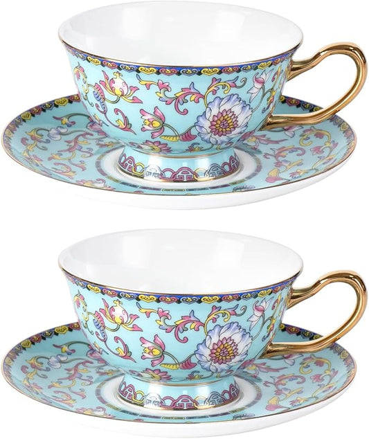 KAMMAK Tea Cups and Saucers Set of 2, Fine Bone China Coffee Cups, Stackable Espresso Mugs, Ceramic Demitasse for Coffee, Cappuccino, Latte, Americano, Tea, Full Bloom Blue